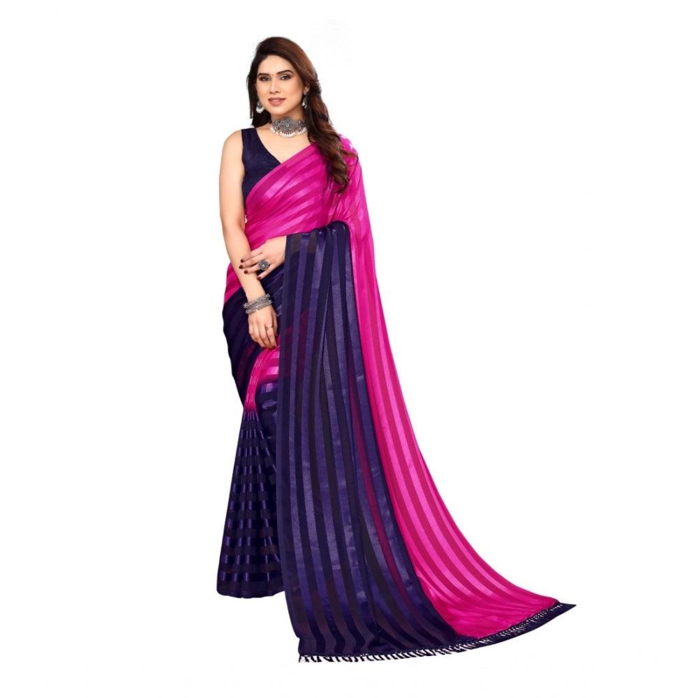 Women's Embellished Striped Bollywood Satin Saree With Blouse (Pink, Dark Blue)