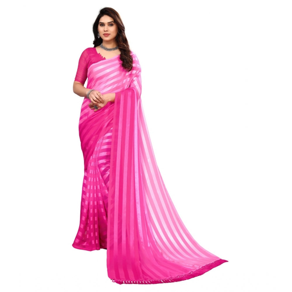 Women's Embellished Striped Bollywood Satin Saree With Blouse (Pink)