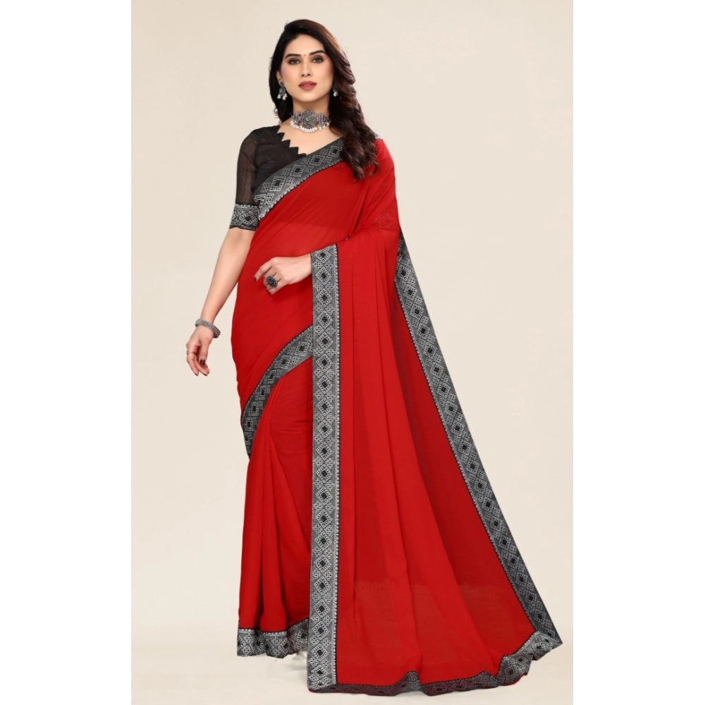 Women's Embellished Plain Solid Bollywood Chiffon Saree With Blouse (Red)