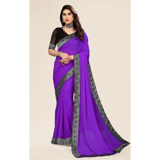 Women's Embellished Plain Solid Bollywood Chiffon Saree With Blouse (Purple)