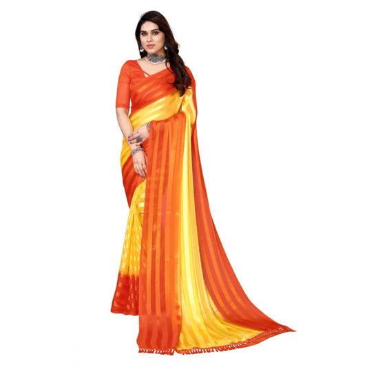 Women's Embellished Striped Bollywood Satin Saree With Blouse (Yellow, Orange)