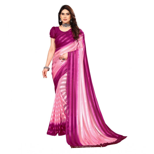 Women's Embellished Striped Bollywood Satin Saree With Blouse (Pink, Purple)