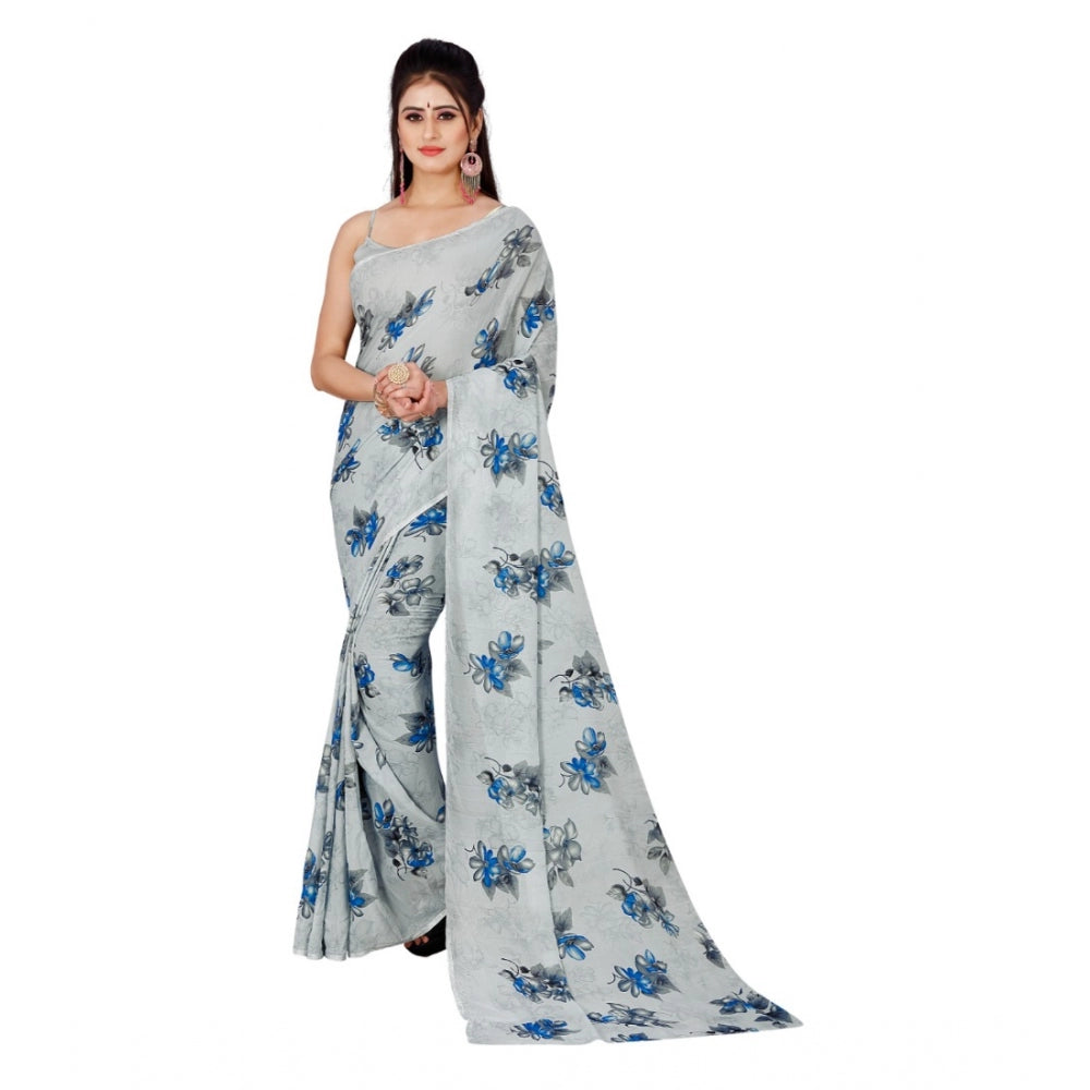 Women's Poly Georgette Printed Saree Without Blouse (Cream)