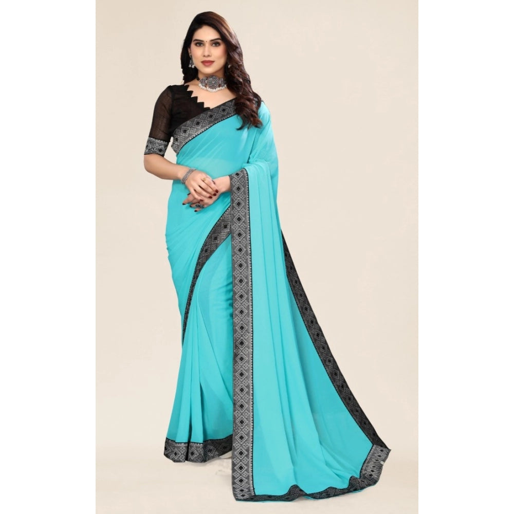 Women's Embellished Plain Solid Bollywood Chiffon Saree With Blouse (Sky Blue)