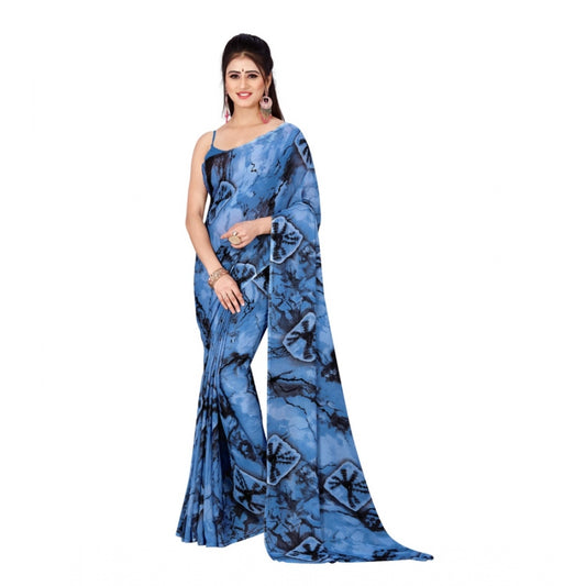 Women's Poly Georgette Printed Saree Without Blouse (Blue)