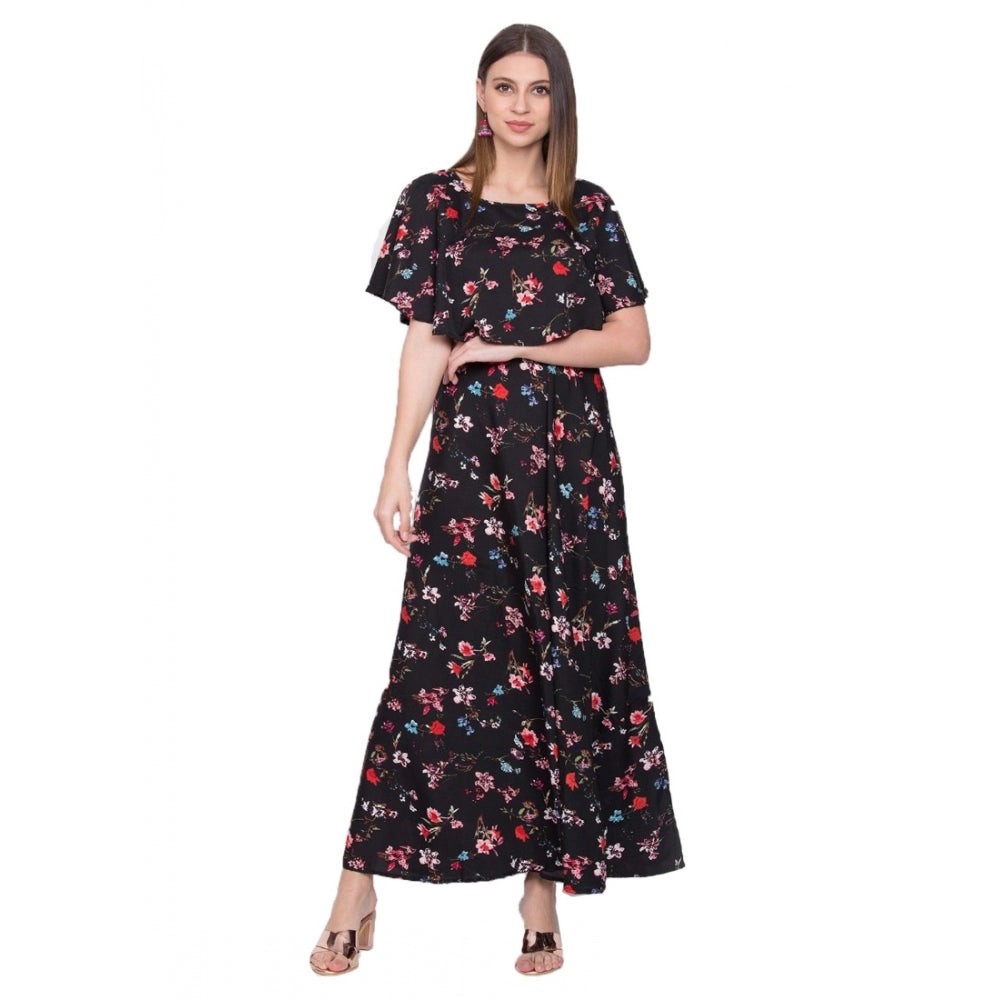 Women's Crepe Floral Half Sleeves Full Length Gown(Black)