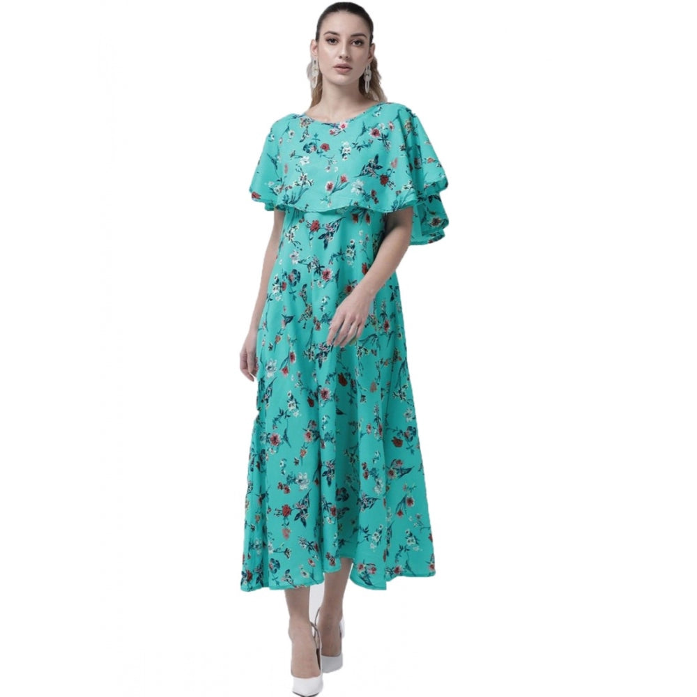 Women's Crepe Floral Half Sleeves Full Length Gown(Turquoise)