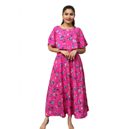 Women's Crepe Floral Half Sleeves Full Length Gown(Pink)