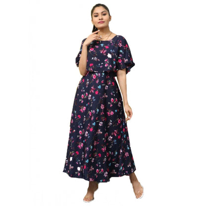 Women's Crepe Floral Half Sleeves Full Length Gown(Dark Blue)