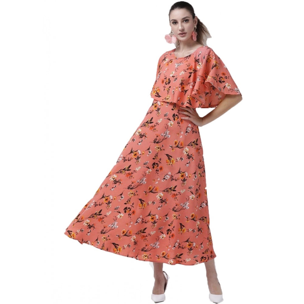 Women's Crepe Floral Half Sleeves Full Length Gown(Orange)