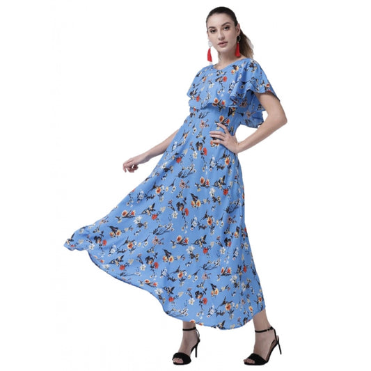 Women's Crepe Floral Half Sleeves Full Length Gown(Blue)