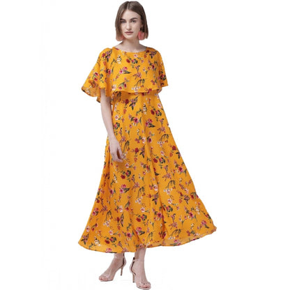 Women's Crepe Floral Half Sleeves Full Length Gown(Yellow)