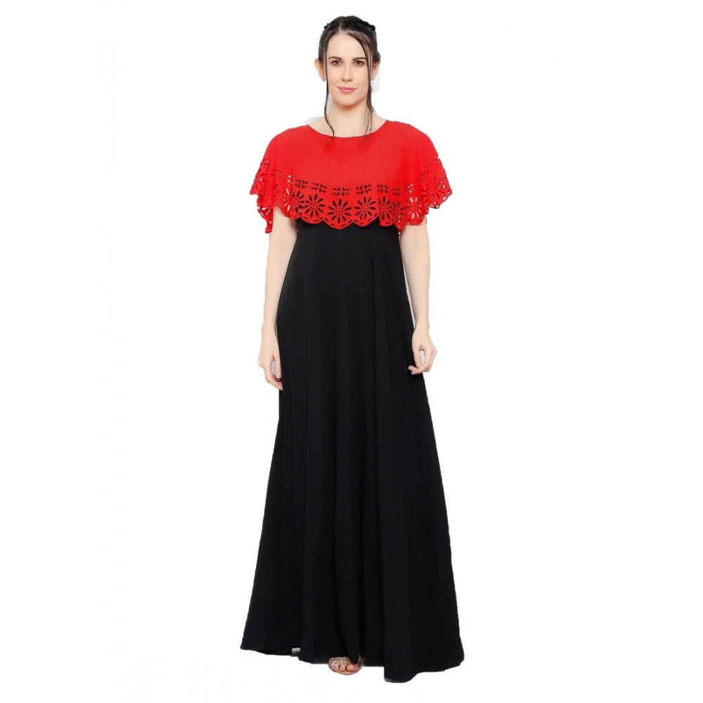 Women's Crepe Solid Sleeveless Full Length Gown(Red Black)