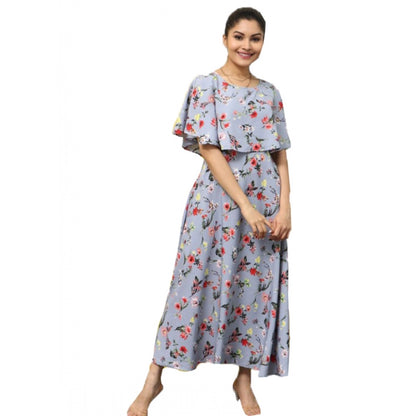 Women's Crepe Floral Half Sleeves Full Length Gown(Light Grey)