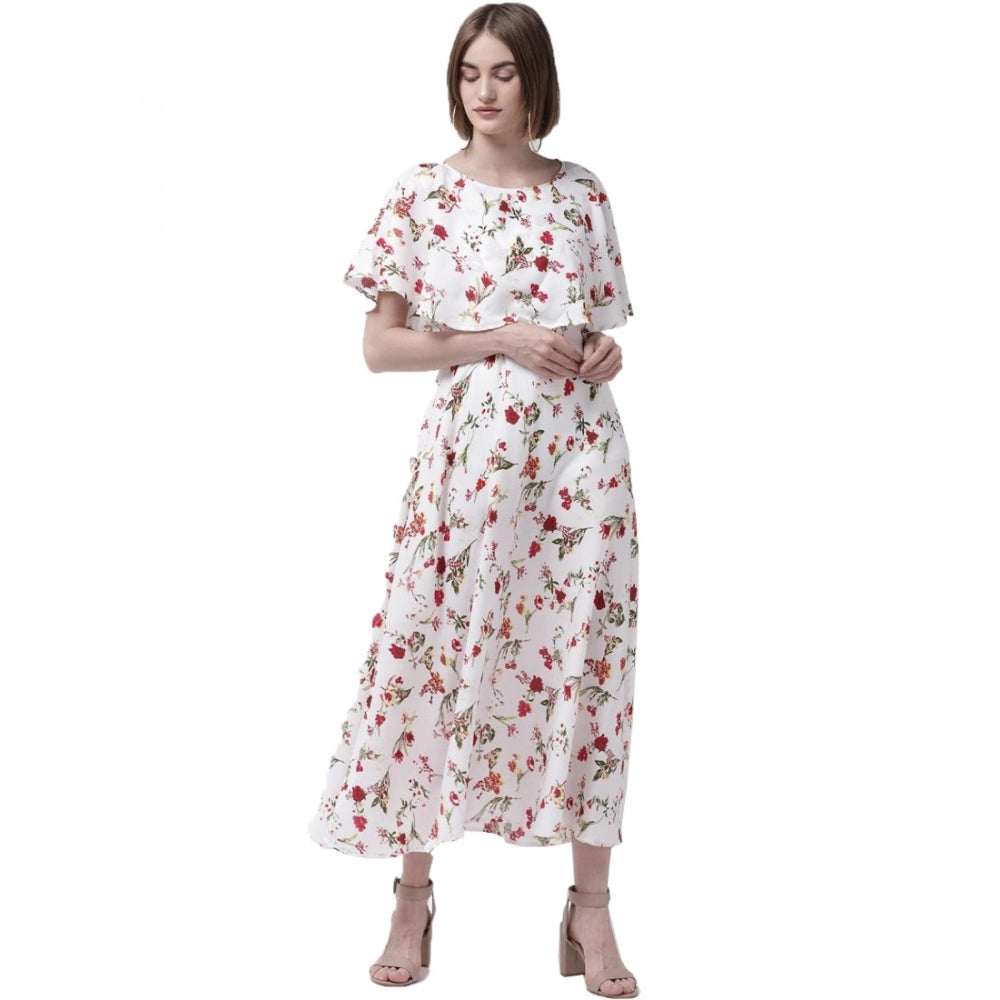 Women's Crepe Floral Half Sleeves Full Length Gown(White)