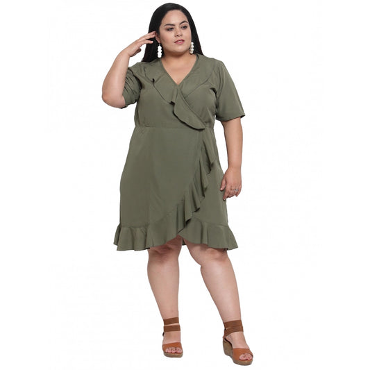 Women's Crepe Solid Knee Length Fit and Flare Dress (Olive Green)