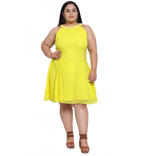 Women's Georgette Solid Knee Length Fit and Flare Dress (Yellow)