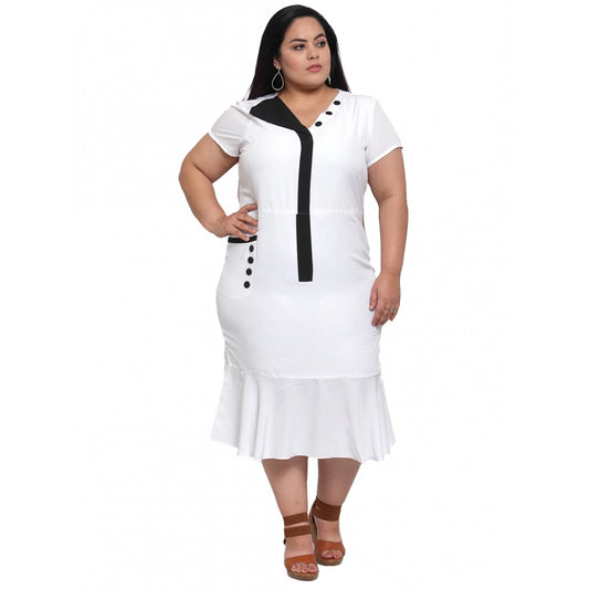 Women's Crepe Solid Knee Length Fit and Flare Dress (White)