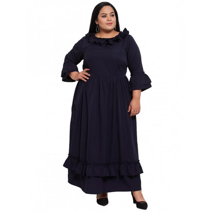 Women's Crepe Solid Full Length Fit and Flare Dress (Navy Blue)