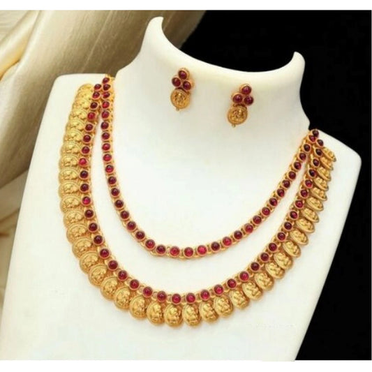 Generic Women's Ethnic Double Line Laxmi Coin Jewellery Set (Red, Free Size)