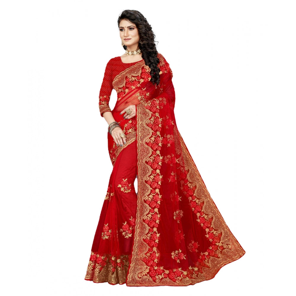 Women's Net Saree With Blouse (Red, 5-6Mtrs)