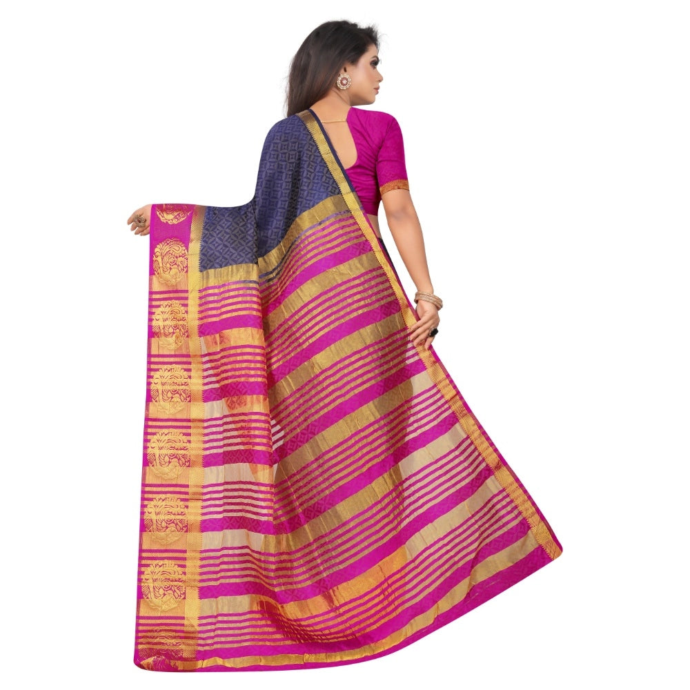 Women's Kanjivaram Silk Saree With Unstitched Blouse Piece (Navy Blue, 5-6 Mtrs)