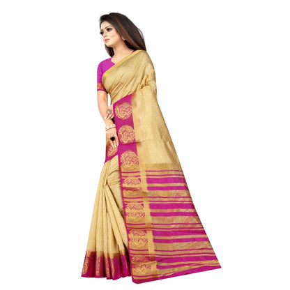 Women's Kanjivaram Silk Saree With Unstitched Blouse Piece (Beige, 5-6 Mtrs)