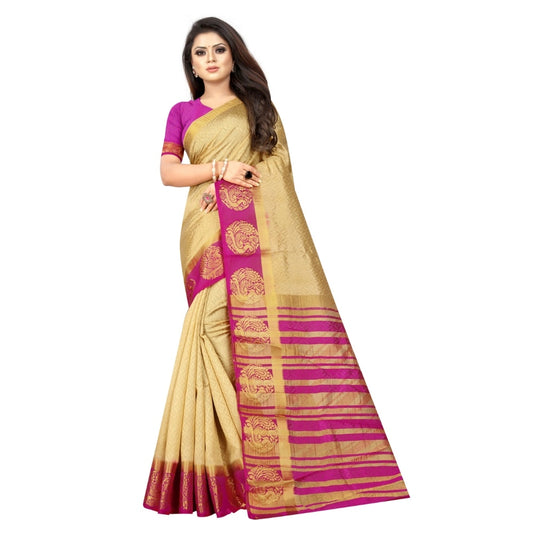 Women's Kanjivaram Silk Saree With Unstitched Blouse Piece (Beige, 5-6 Mtrs)