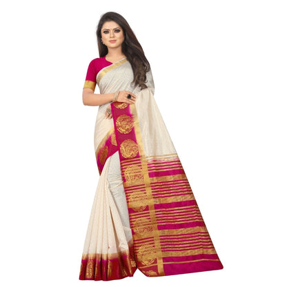 Women's Kanjivaram Silk Saree With Unstitched Blouse Piece (White, 5-6 Mtrs)