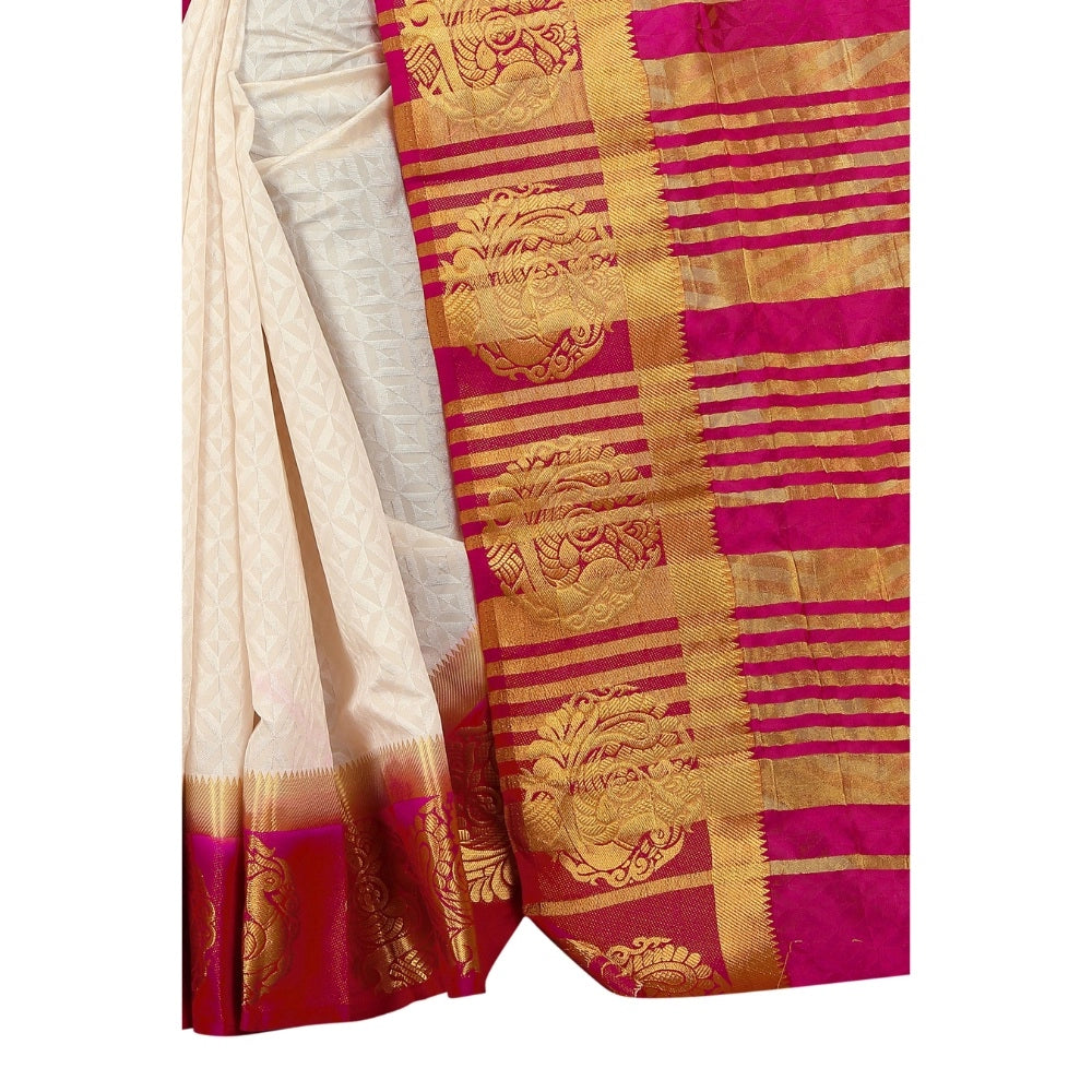 Women's Kanjivaram Silk Saree With Unstitched Blouse Piece (White, 5-6 Mtrs)