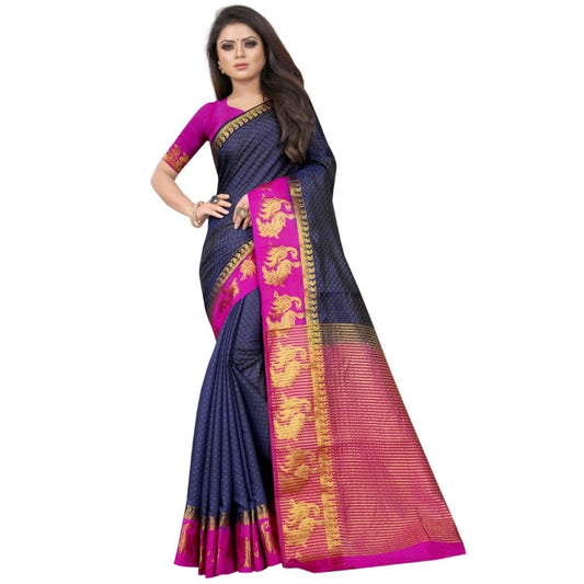 Women's Kanjivaram Silk Saree With Unstitched Blouse Piece (Navy Blue, 5-6 Mtrs)