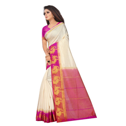 Women's Kanjivaram Silk Saree With Unstitched Blouse Piece (White, 5-6 Mtrs)