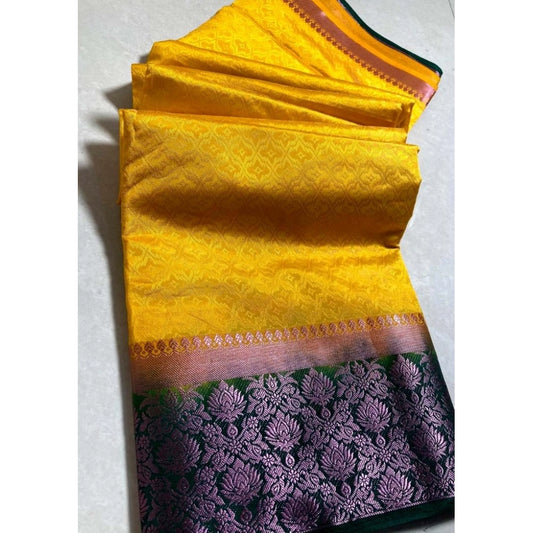 Women's Kanjivaram Silk Saree With Unstitched Blouse Piece (Yellow, 5-6 Mtrs)