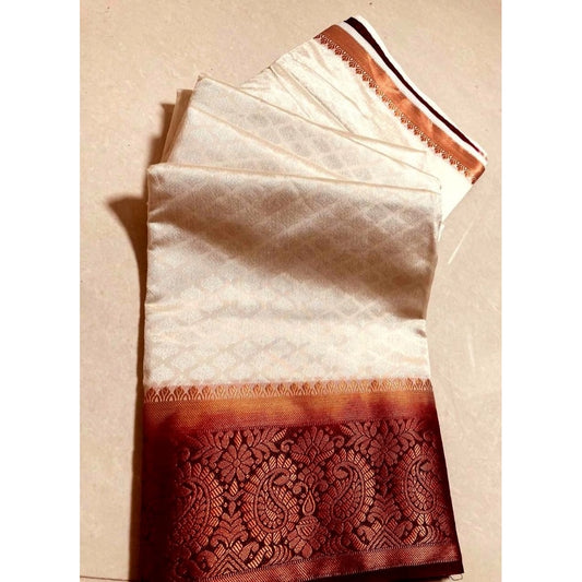 Women's Kanjivaram Silk Saree With Unstitched Blouse Piece (White, 5-6 Mtrs)