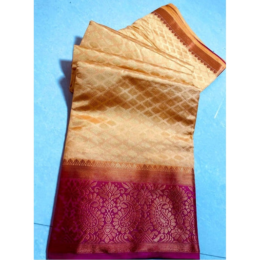 Women's Kanjivaram Silk Saree With Unstitched Blouse Piece (Beige, 5-6 Mtrs)