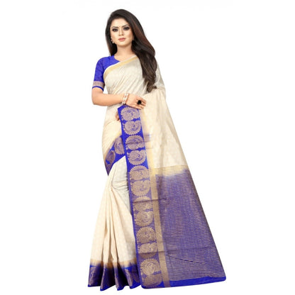 Women's Kanjivaram Silk Saree With Unstitched Blouse Piece (White, 5-6 Mtrs)