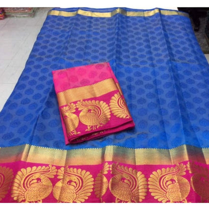 Women's Kanjivaram Silk Saree With Unstitched Blouse Piece (Blue, 5-6 Mtrs)