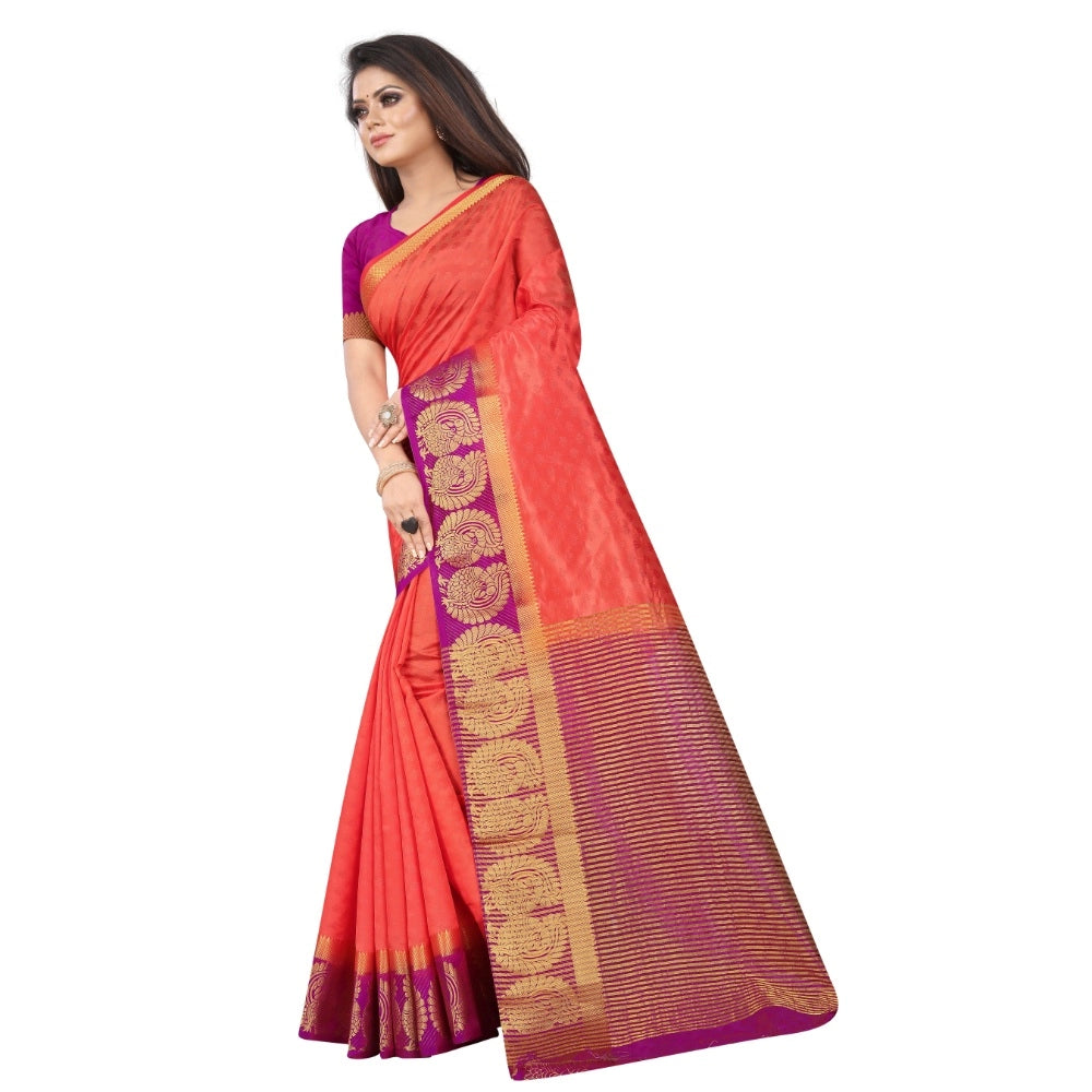 Women's Kanjivaram Silk Saree With Unstitched Blouse Piece (Peach, 5-6 Mtrs)