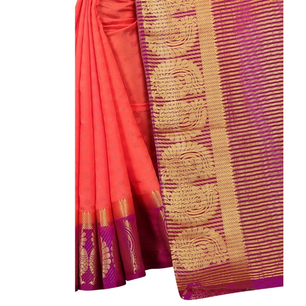 Women's Kanjivaram Silk Saree With Unstitched Blouse Piece (Peach, 5-6 Mtrs)