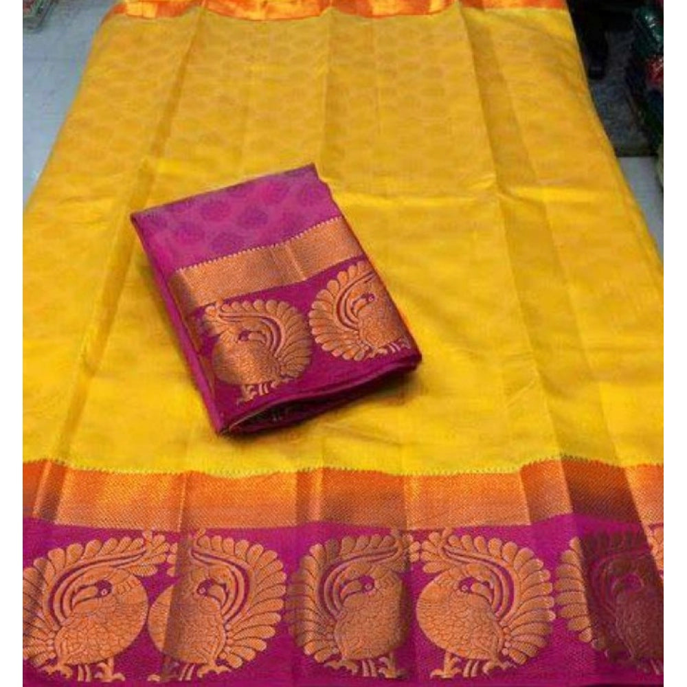 Women's Kanjivaram Silk Saree With Unstitched Blouse Piece (Yellow, 5-6 Mtrs)