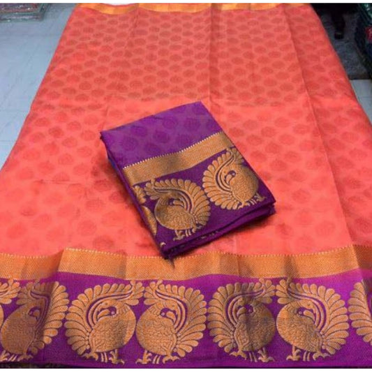 Women's Kanjivaram Silk Saree With Unstitched Blouse Piece (Peach, 5-6 Mtrs)