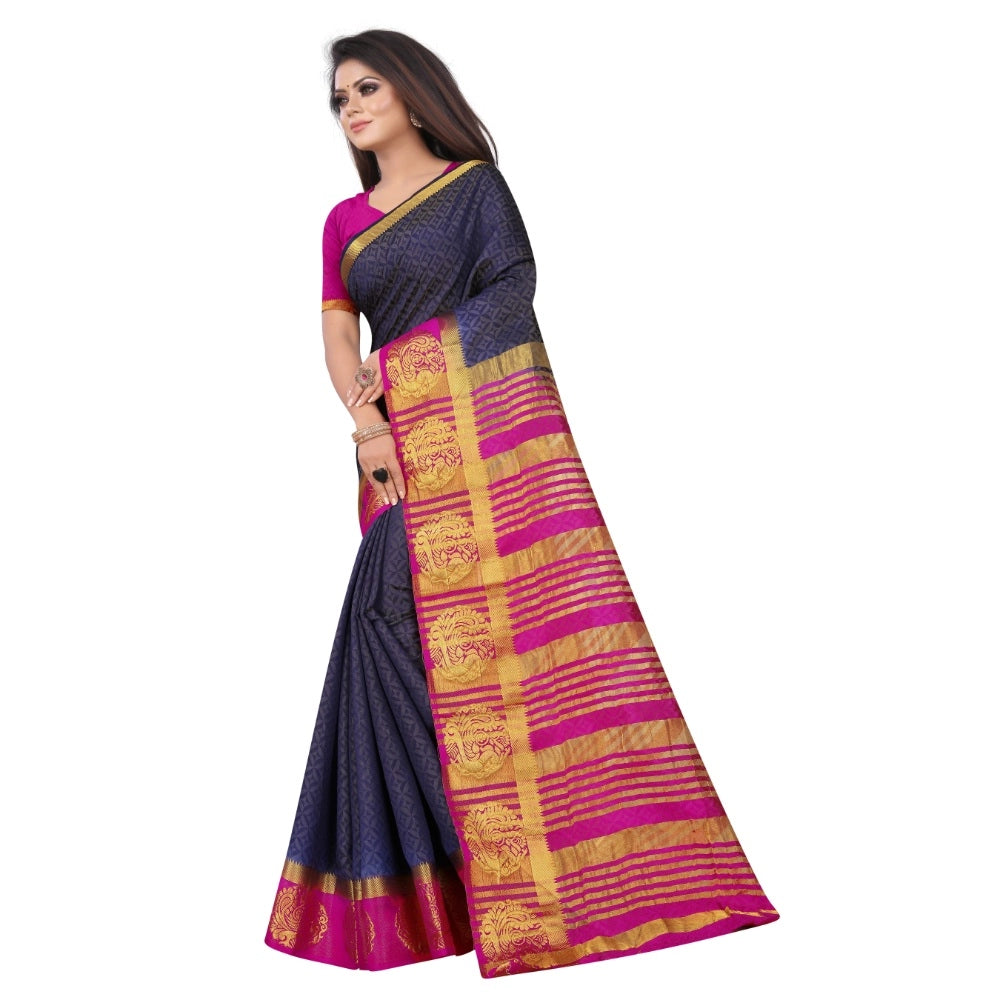 Women's Kanjivaram Silk Saree With Unstitched Blouse Piece (Navy Blue, 5-6 Mtrs)