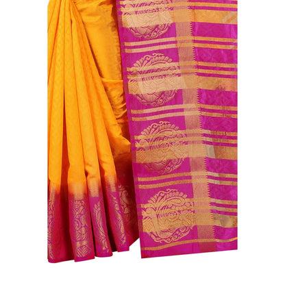 Women's Kanjivaram Silk Saree With Unstitched Blouse Piece (Yellow, 5-6 Mtrs)