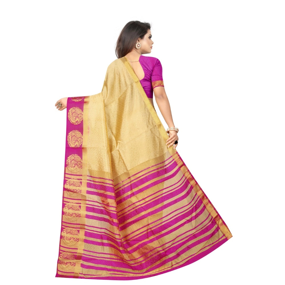 Women's Kanjivaram Silk Saree With Unstitched Blouse Piece (Beige, 5-6 Mtrs)