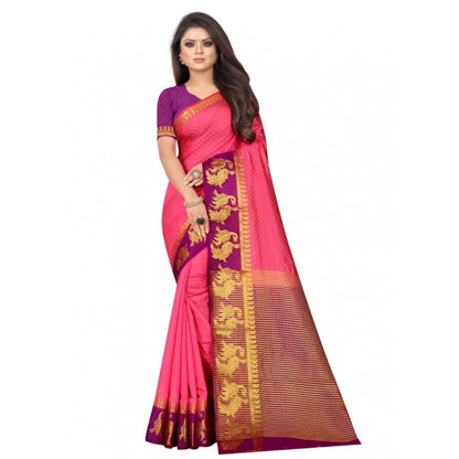 Women's Kanjivaram Silk Saree With Unstitched Blouse Piece (Peach, 5-6 Mtrs)