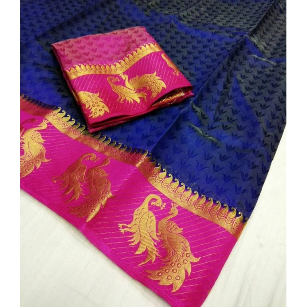 Women's Kanjivaram Silk Saree With Unstitched Blouse Piece (Navy Blue, 5-6 Mtrs)