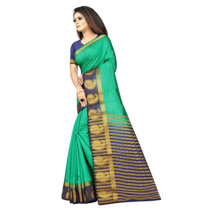 Women's Kanjivaram Silk Saree With Unstitched Blouse Piece (Turquoise Green, 5-6 Mtrs)