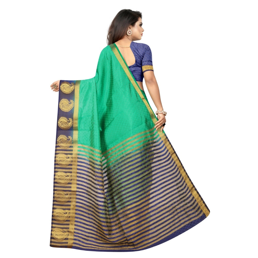 Women's Kanjivaram Silk Saree With Unstitched Blouse Piece (Turquoise Green, 5-6 Mtrs)