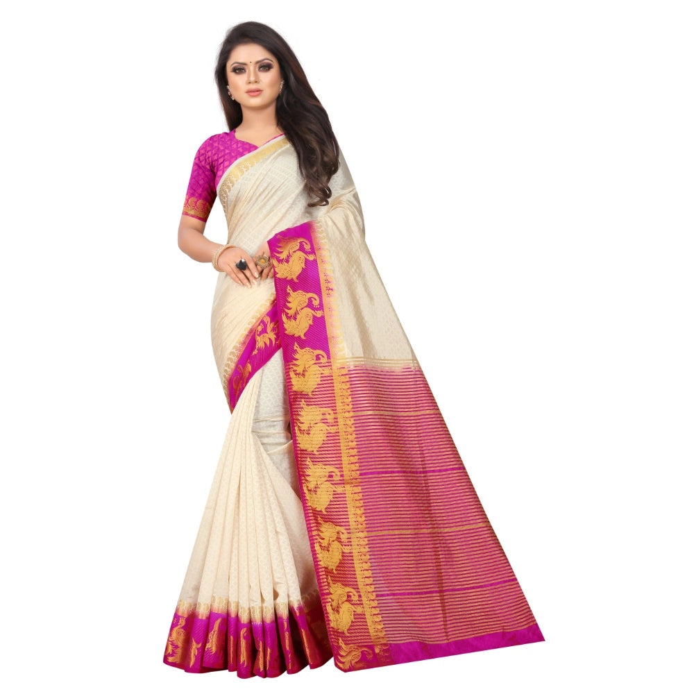 Women's Kanjivaram Silk Saree With Unstitched Blouse Piece (White, 5-6 Mtrs)