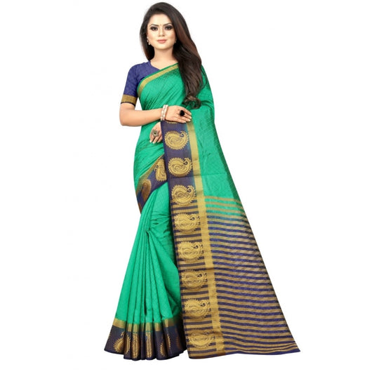 Women's Kanjivaram Silk Saree With Unstitched Blouse Piece (Turquoise Green, 5-6 Mtrs)